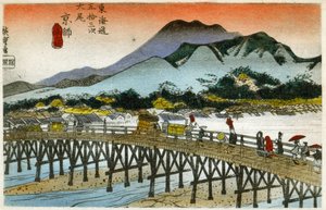 The Morning Glow at the Nihonbashi (55th station). Woodcut by Hiroshige in: Fifty Three Stations of the Tokaido (1833-1834). Postcard, Japan, c.1900