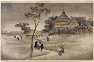 Large Building with Huts Below by Ando or Utagawa Hiroshige