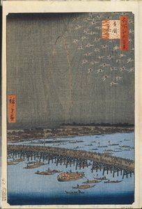 One Hundred Famous Views of Edo: Fireworks by Ryogoku Bridge by Ando or Utagawa Hiroshige