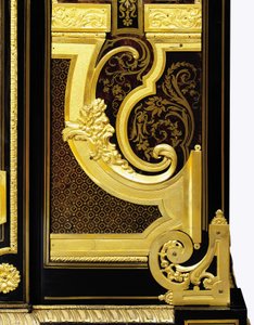 Detail of a C-Scroll Plinth of Parquetry with a Satyr Mask, from a Louis XIV Ormolu-Mounted Petite Armoire (detail)