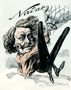 Cartoon of Felix Nadar, pioneer of aerial picture in 1858, here hanging from his balloon