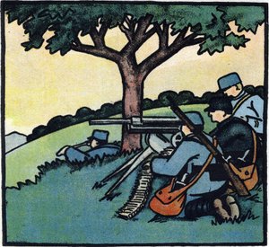 First World War 1914-1918: Soldiers of the French Army Using Machine Guns on the Battlefields. Engraving in 