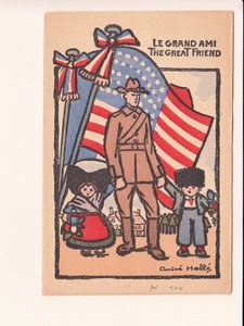 Postcard, Satirical in Colors: Le Grand Ami the Great Friend - War of 14-18, America, Alsace Lorraine Illustration by Andre Helle (1875-1945) by Andre Helle