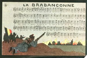 Postcard, Satirical in Colors, circa 1915: La brabanconne - War of 14 -18, Belgium, Chant - Soldiers Illustration by Andre Helle (1875-1945)