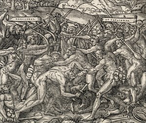 Battle between Margageaz and Tabajares Tribes, from Universal Cosmology by Andre Thevet