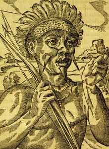 Chief of tribe of cannibals, engraving from Universal Cosmology by Andre Thevet