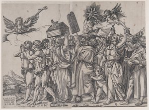 Section A: An Angel Holding a Cross at Upper Left, Adam and Eve Below, from The Triumph of... by Andrea Andreani