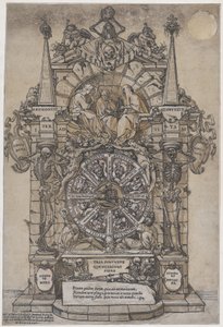 Triumph of Death with three fates in an architectural frame above a wheel of fortune by Andrea Andreani