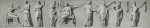 A grisaille panel depicting a female procession with lachrymatories