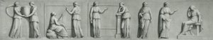 A grisaille panel depicting female figures including muses