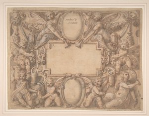 A Cartouche and Two Shields Surrounded by Allegorical Figures