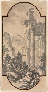 Figures Near the Ruins of a Corinthian Temple (recto), Fragment of an Arch (tracing from recto) by Andrea Locatelli
