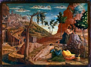 Prayer in the Garden of Olives. After the last supper, Christ goes to the hill of Gethsemani, which dominates Jerusalem with the Apostles. Roman soldiers are approaching to stop him. Altarpiece of San Zeno de Verona. Painting (tempera) on wood by Andrea Ma by Andrea Mantegna