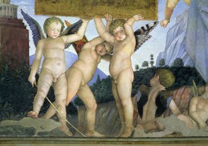 Putti with butterfly wings supporting the dedicatory plaque: (detail)