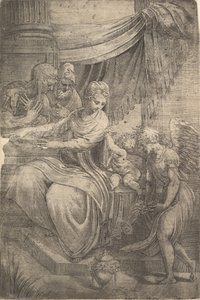 The Holy Family, an Angel Holding Flowers Approaching from the Right