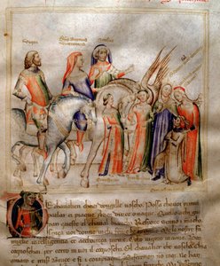 The author kneels to present his book to the young prince Visconti of Milan in Song of the Seven Vertus and the Seven Liberal Arts destinee for Bruzio Visconti