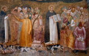 Triumph of the militant church: Thomas Aquinas before the heretics and Fra Dolcino torn the official doctrine of the Church (detail) by Andrea di Bonaiuto (fl.1343 77)