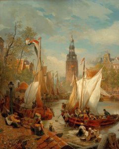 Harbor Scene in Amsterdam (Dutch Beach Scene) by Andreas Achenbach
