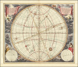 1660 celestial chart illustrating the motions of both the upright sphere and the oblique sphere by Andreas Cellarius