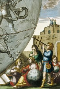 Scientists (Astrologers and Astronomers) Studying Globes and the Sky Chart, Detail from Atlas Coelestis seu Harmonia Macrocosmica by Andreas Cellarius (1596-1665)