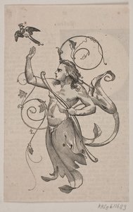 Genius with Bow in Left Hand and Right Hand Raised Towards a Crowned Bird by Andreas Flinch