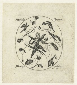Oval with Putto Surrounded by Birds, Butterflies, and Insects (Modern Grotesques in the Form of Black Ornaments) by Andreas Gentzsch