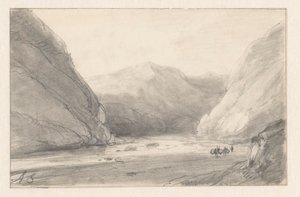 Mountain landscape with a river and a figure with two laden donkeys by Andreas Schelfhout