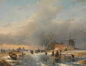 A Winter Landscape, Right a Mill and Houses by a Frozen Canal by Andreas Schelfhout