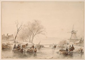 A Frozen Canal, a Horse Pulling a Turf Sledge on the Left by Andreas Schelfhout