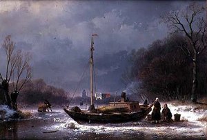 Peasants by a Boat on a Frozen River