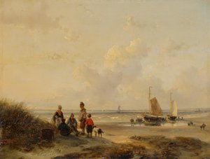 Resting Fishermen on a Beach in Clear Weather by Andreas Schelfhout