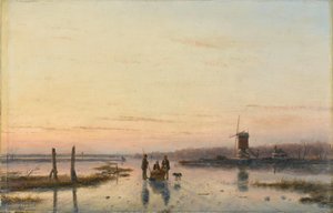 Windmill beside a Frozen River by Andreas Schelfhout