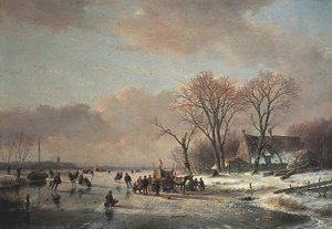 Winter River Landscape with Numerous Skaters