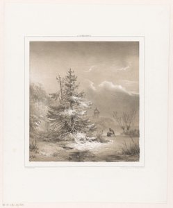 Winter Landscape with Pine Trees and Man with Sledge by Andreas Schelfhout