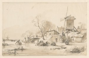 Winter Landscape with a Mill and Some Houses on a Dike at Right by Andreas Schelfhout