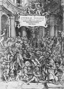 Title page of De humani corporis fabrica, where Andreas Vesalius is depicted dissecting cadaver by Andreas Vesalius