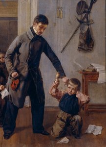 At School. A Country Schoolmaster Catches a Boy by the Ear in the Classroom Where Other Boys Are Misbehaving and Making Faces. Painting by Andrei Andreyevich Popov (detail)