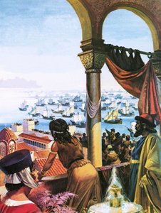Fleet of the Fourth Crusade arriving in Constantinople in 1203