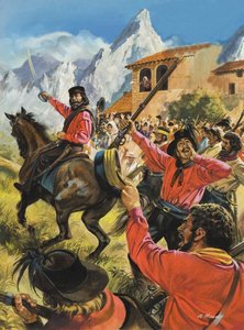 Guiseppe Garibaldi and his army in the battle with the Neopolitan Royal troops