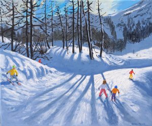 Long tree shadows and skiers, Tignes