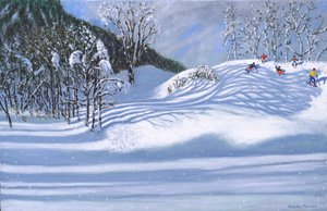 Tree shadows and skiers, Tignes, France
