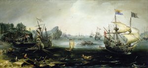 Dutch ships loading a cargo of wood into a Scandinavian fjord by Andries van Eertvelt