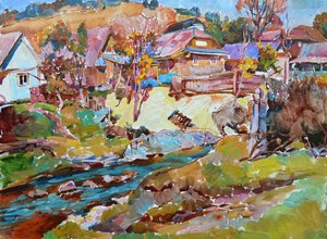 Autumn Village Stream by Andrii Kutsachenko