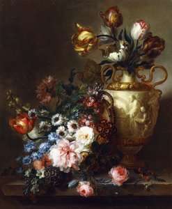 Tulips in a Vase and Roses in a Basket on a Stone Ledge by Ange Louis Guillaume Lesourd Beauregard