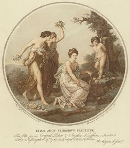 Two nymphs mock cupid who is tied to a tree by Angelica (after) Kauffmann