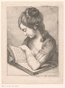 Young Woman Reading at a Table, Her Elbow Resting on a Book