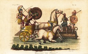 Ancient Greek Warriors with Painted Shields Riding a Biga or Two-Horse Chariot by Angelo (after) Monticelli