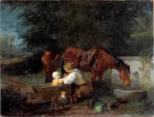 A Farmer with Her Child, a Farm Boy and a Horse