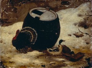 Animals and a barrel in the snow by Angelo Inganni