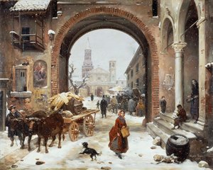 Winter Market in front of the Abbey of Clairvaux by Angelo Inganni